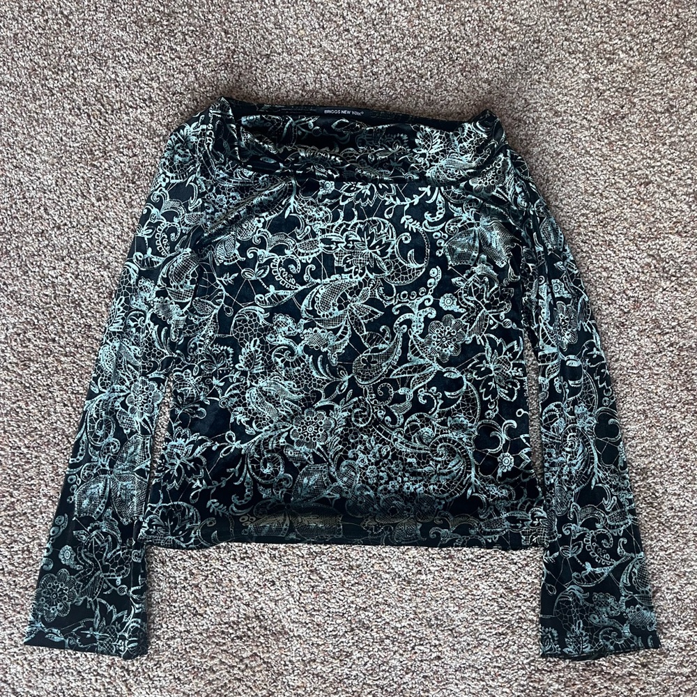 Whimsical Black and Light Blue Green Velvet Burnout Paisley Cowl Neck Top